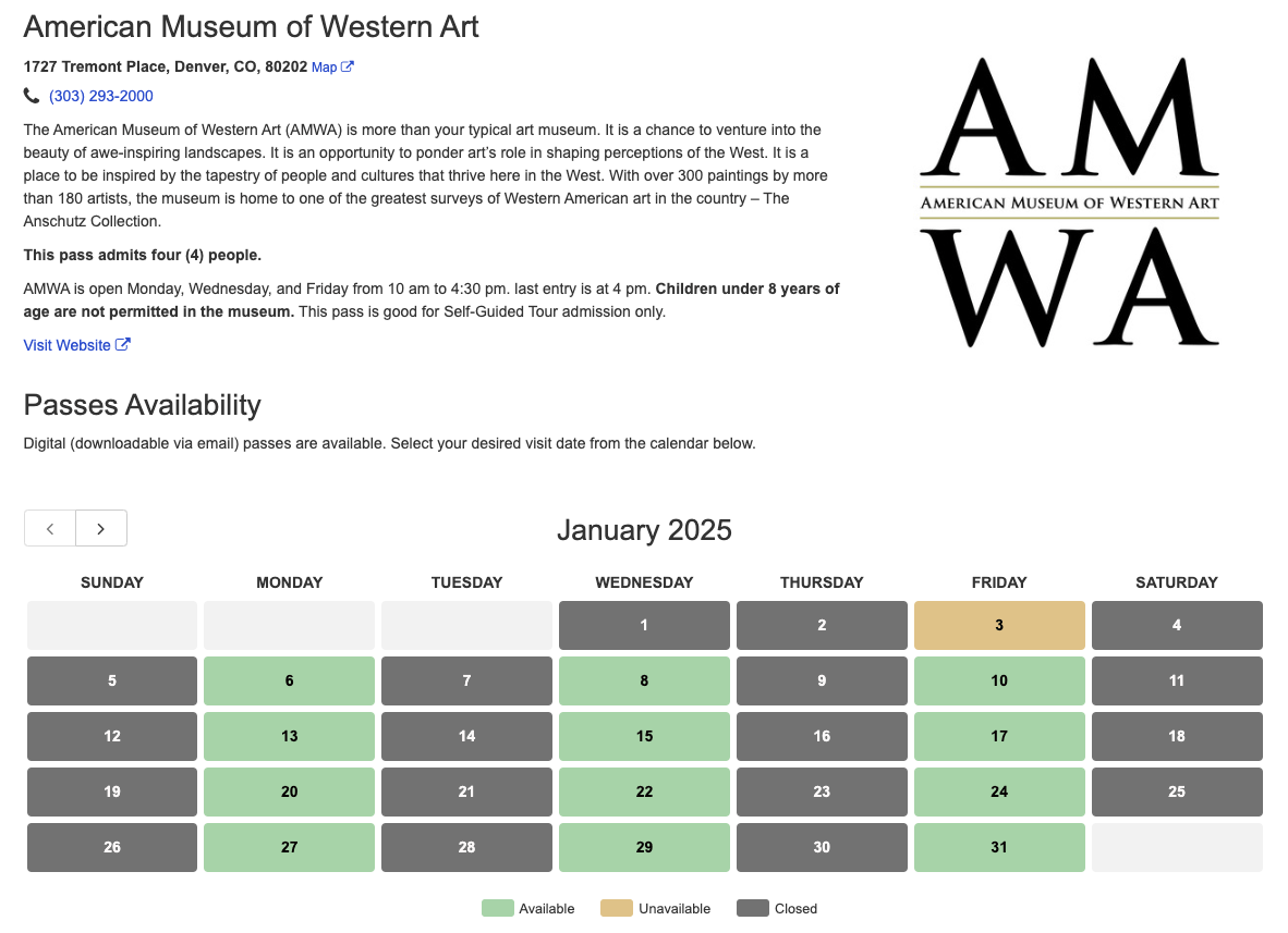 A screenshot showing the American Museum of Western Art opened in the Exploration Pass Reservation page