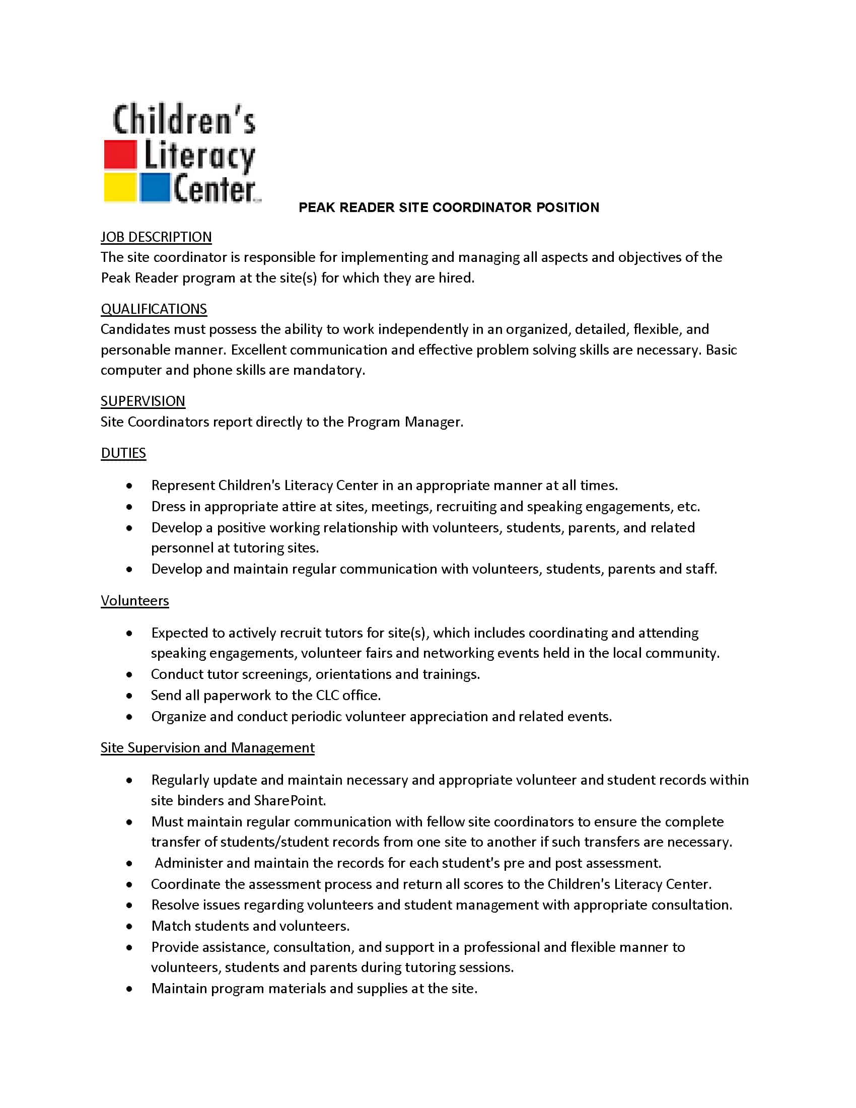 Children's Literacy Center: Peak Reader Site Coordinator Position