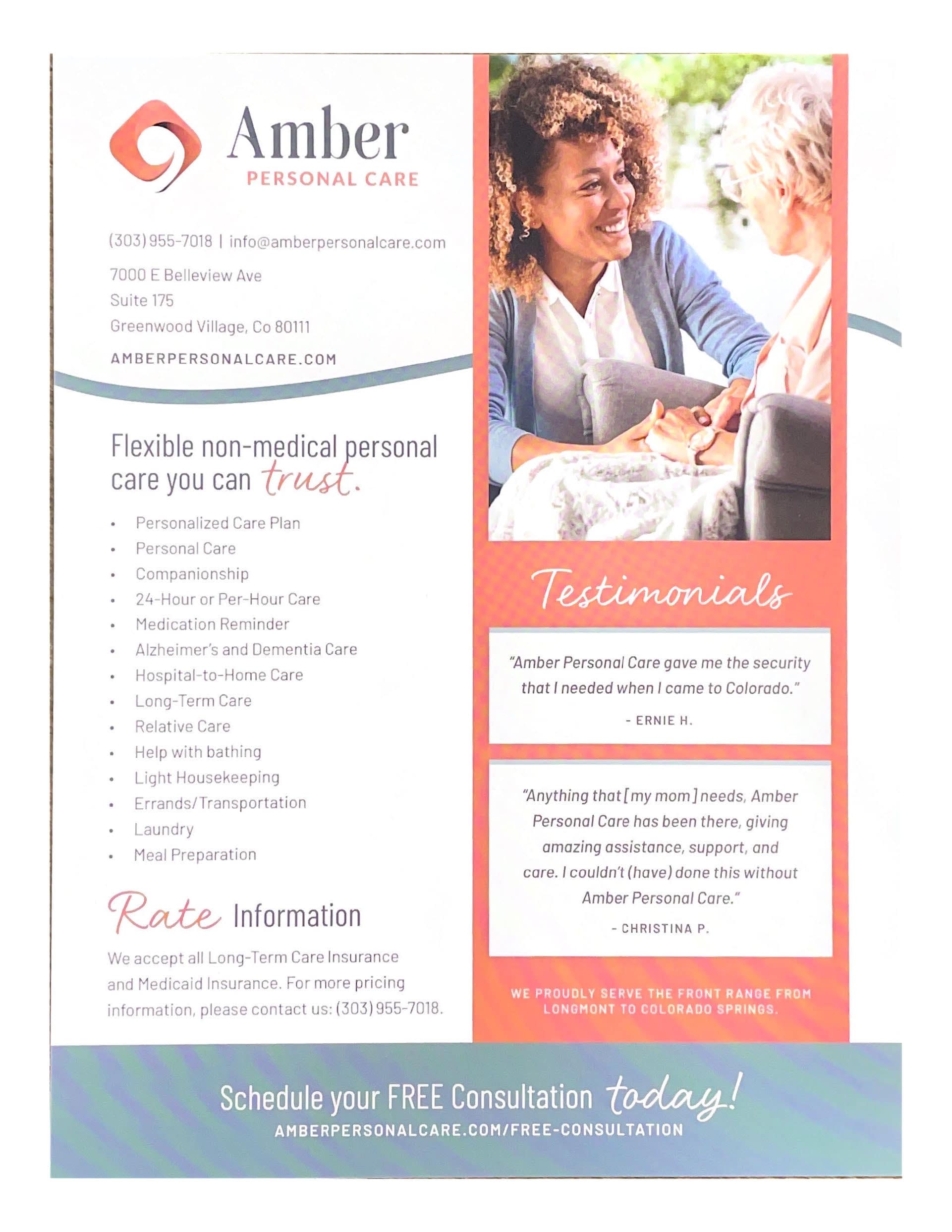 Amber Personal Care, flexible non-medical personal care you can trust. Amberpersonalcare.com 303-955-7018, info@amberpersonalcare.com. 7000 E. Belleview Ave, Suite 175, Greenwood Village, CO 80111