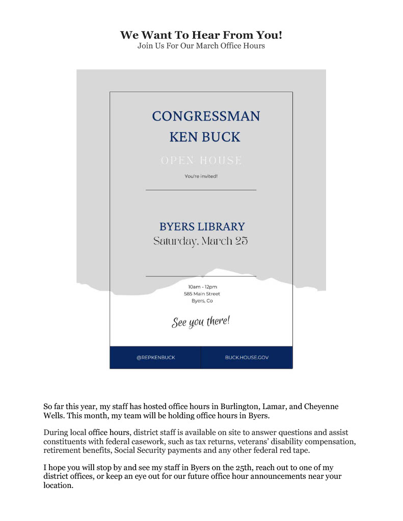 Congressman Ken Buck openhouse at Byers Library on Saturday March 25 from 10 AM-12 PM