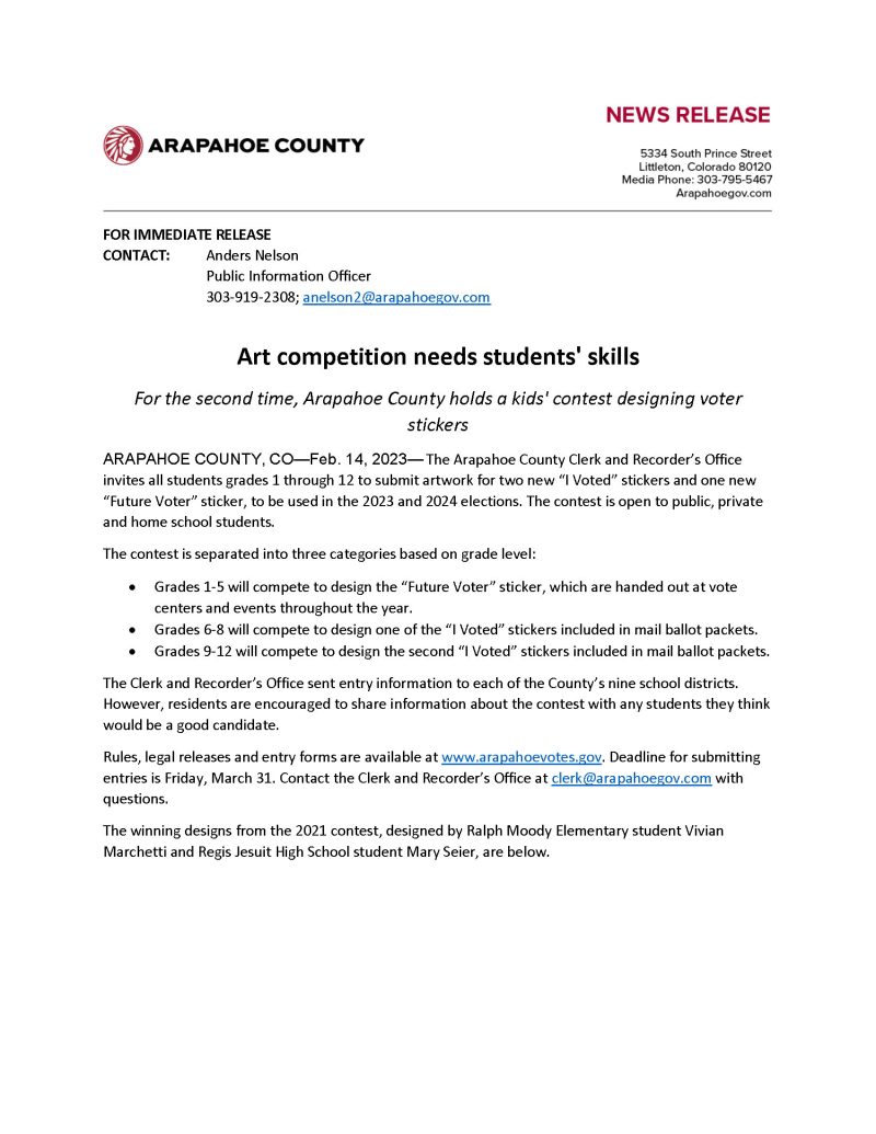 Arapahoe County Art Competition Needs Students' Skills: kids' contest designing voter stickers
